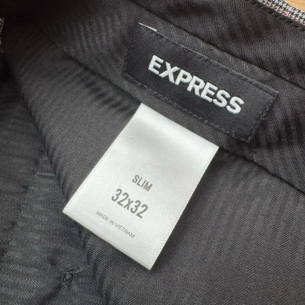 NWOT Express Dress Pants Men Actual 34x32 Glen Plaid Slim Fit Wool Blend Trouser